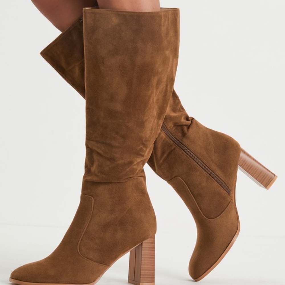 Lulus Arabelle Chestnut Suede Square Toe Knee-high Boots Brown - Size 7.5